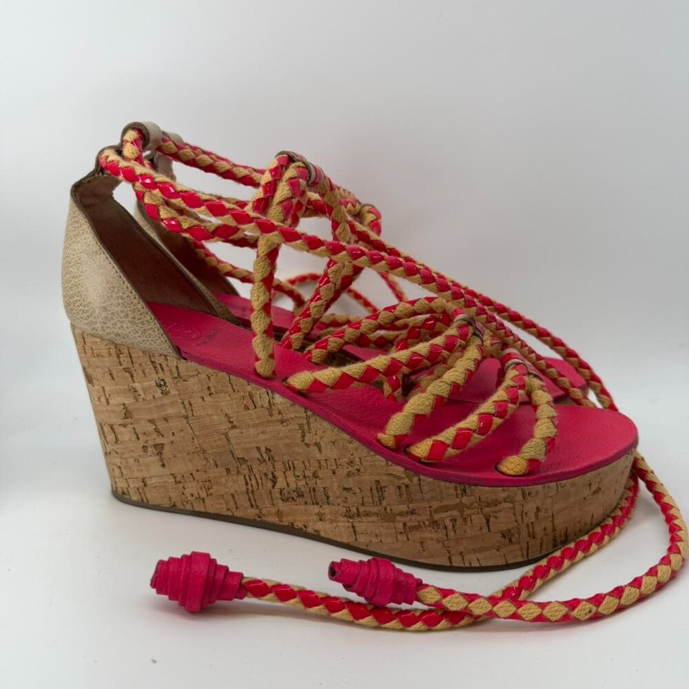 Tory Burch Hot Pink and Gold Braided Cork Wedge Lace-Up Sandals